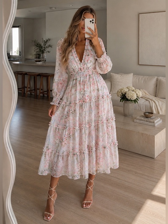 Needle & Thread Dresses & Skirts - Needle & Thread Rose Powder Chiffon Tiered Romantic Whimsical Gown in Moonshine